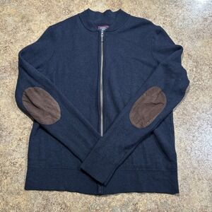 Untuckit Merino Wool Elbow Patch Sweater Navy Full Zip Mens Medium Preppy Casual
